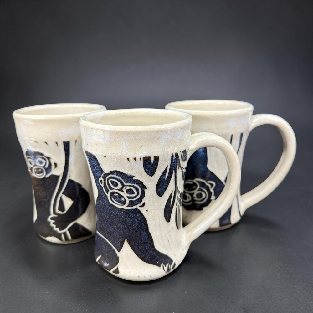 Wells Studio Pottery Monkey Mugs Set of 3 Blue White Handcrafted Stoneware 5inch